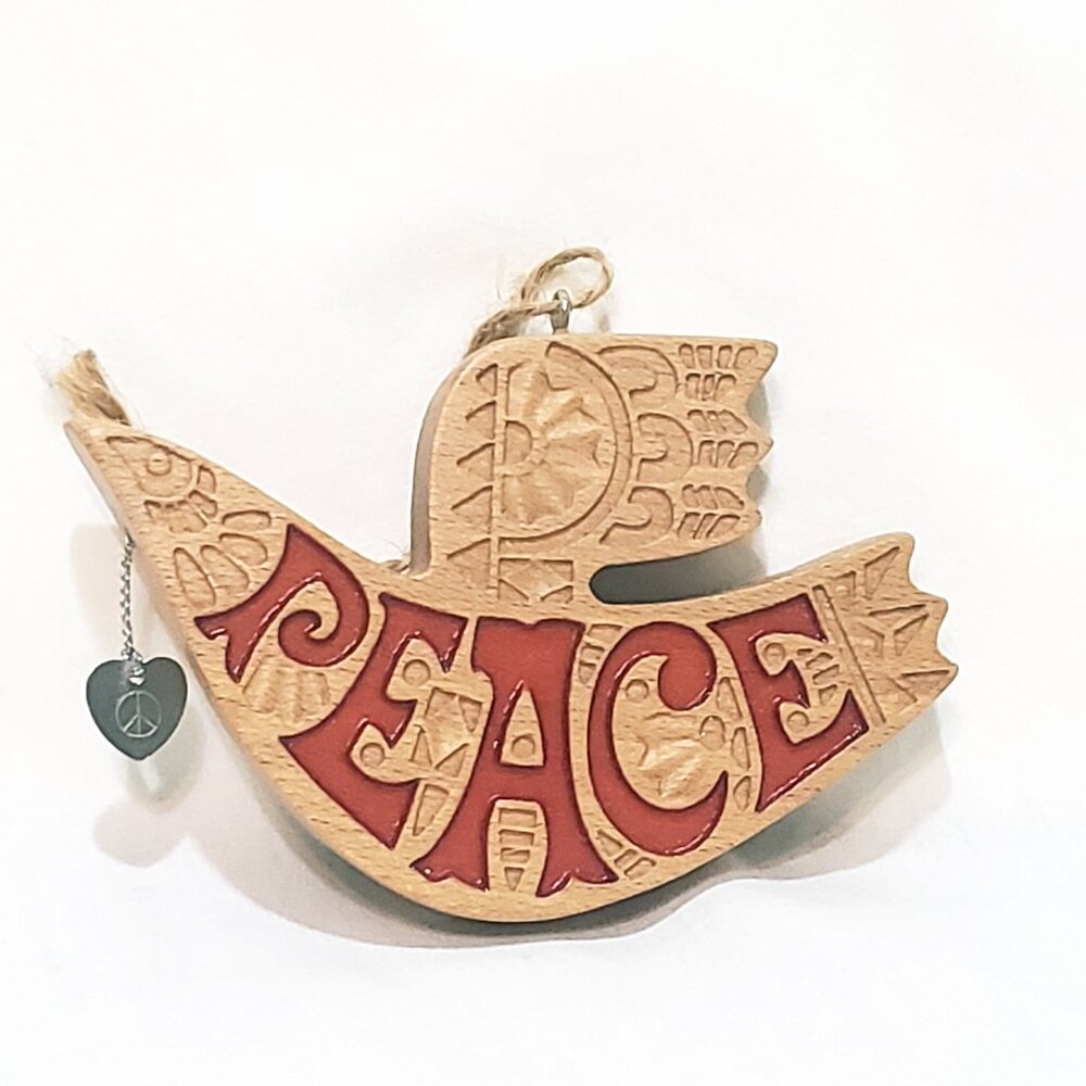 On the Wings of Peace Dove Hallmark Ornament Wood Metal Heart 2" Brown Red 2014